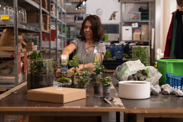 Person verpackt Flaschengärten in Greenery Living Manufaktur