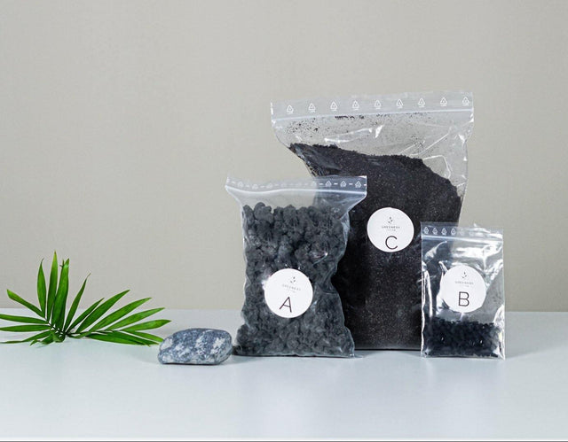 Material-Set Lava-Kies, Aktivkohle-Granulat, Pflanzsubstrat, Deko-Kies in schwarz, Dekostein für Flaschengärten - Greenery Living
