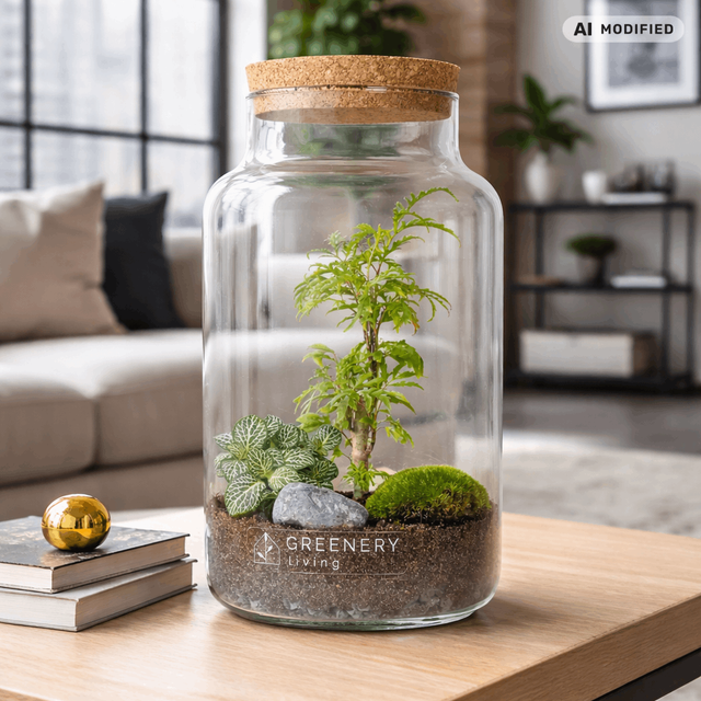 Gruenes Terrarium, Falschengarten von Greenery Living auf Holztisch 